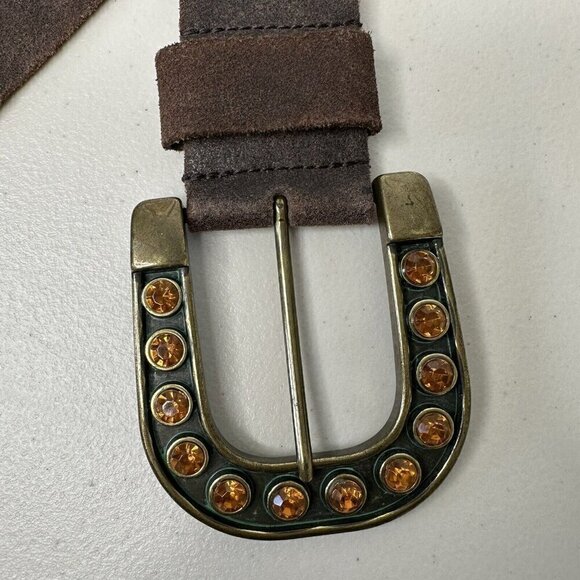 Steve‎ Madden Belt Brown Suede Leather Brass Buckle Rhinestone Size M - Picture 4 of 15